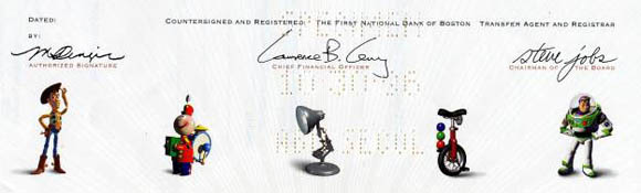 Specimen Pixar IPO certificate with Steve Jobs' signature (source: Scripophily.com)