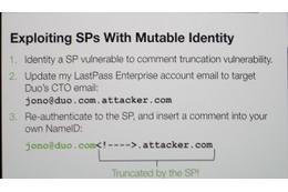 攻撃手法：標的IDを含むIDを登録し、SSOの認証を得る。その後、コメントの脆弱性を利用して標的IDのみでSPにアクセス