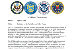 「Guidance on the North Korean Cyber Threat 」