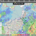 全国災害情報パネル（左側）と、福岡市の雨雲レーダー、全国避難所データ（緑の丸）の組み合わせ
