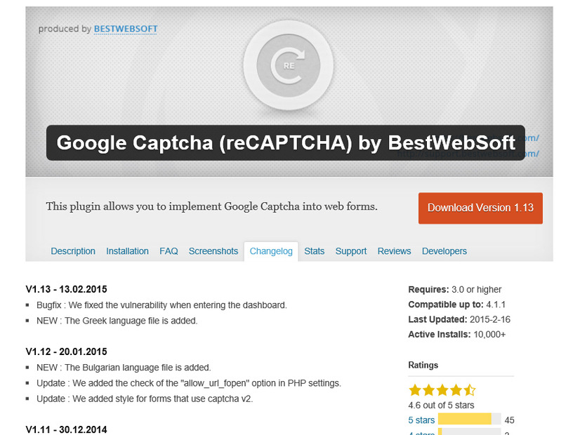 「Google Captcha (reCAPTCHA) by BestWebSoft」ページ（WordPress内）