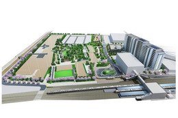 敷地境界には幅6mの緑地帯を確保。平成25年に『環境モデル都市』として指定を受けた尼崎市のアクションプランに沿った街区を構成する（画像は同社リリースより）。