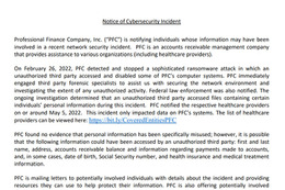 Professional Finance Company社声明（https://s3.documentcloud.org/documents/22084965/pfc-notice-of-ransomware-attack.pdf）