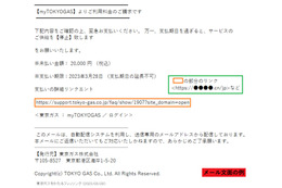東京ガスを騙るフィッシングメールの文面
