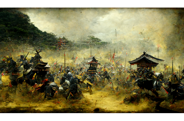 本講演のメインビジュアルとなったAIに描かせたイラスト「The Battle of Sekigahara」