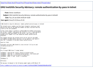 GNU InetUtils telnetd における認証回避して管理者権限での操作が可能となる環境変数の検証不備（Scan Tech Report）