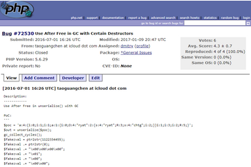 PHP においてガベージコレクタにおける Use-After-Free の脆弱性により制限を回避して任意の PHP 関数が実行可能となる問題（Scan Tech Report） 画像