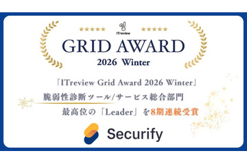Securify が「ITreview Grid Award 2026 Winter」の脆弱性診断ツール/サービス総合部門で 8 期連続となる Leader を受賞 画像