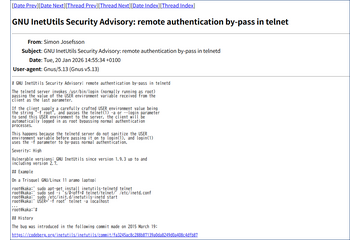GNU InetUtils telnetd における認証回避して管理者権限での操作が可能となる環境変数の検証不備（Scan Tech Report） 画像