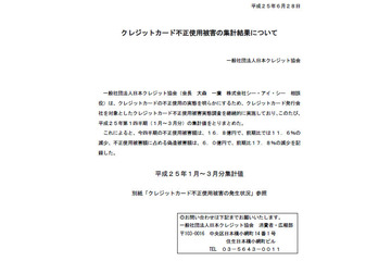 2013年第1四半期のクレジットカード不正使用被害、前四半期より減少（日本クレジット協会） 画像