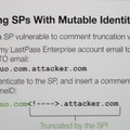 攻撃手法：標的IDを含むIDを登録し、SSOの認証を得る。その後、コメントの脆弱性を利用して標的IDのみでSPにアクセス