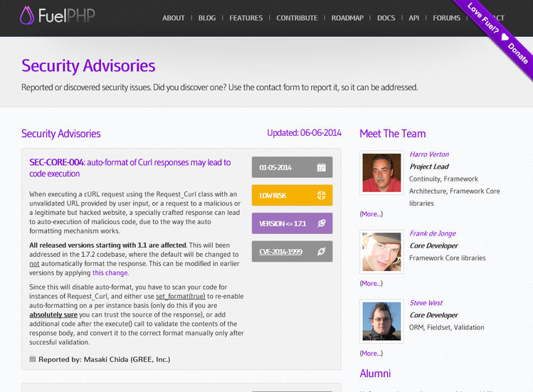 FuelPHPによるセキュリティアドバイザリ