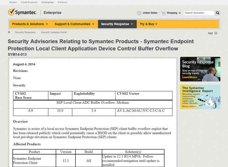 Symantecによるセキュリティアドバイザリ
