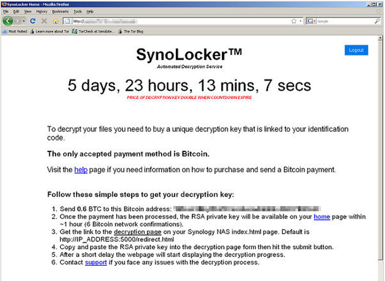 犠牲者に提示される、Torネットワーク上のSynoLockerのページのスクリーンショット