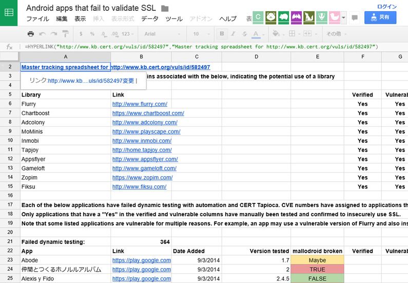 「Android apps that fail to validate SSL」による情報