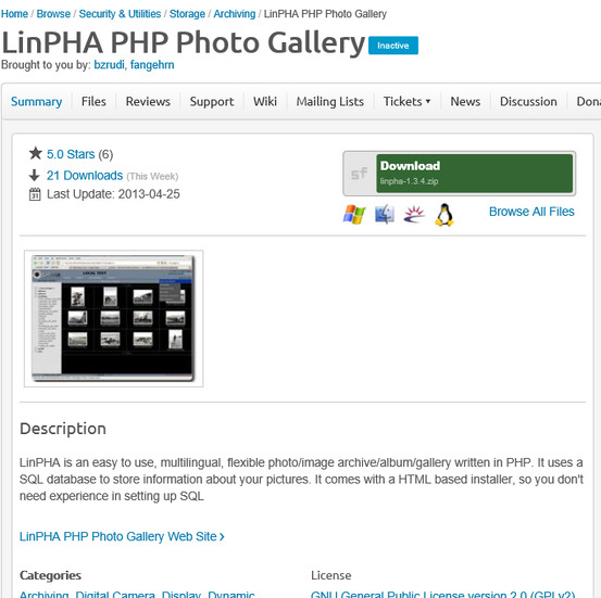 「LinPHA」のWebサイト（Sourceforge）