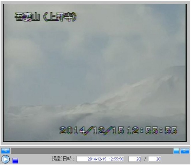 火山性地震が観測され、今後は小規模噴火が予想されている。現在、火口周辺の登山道と冬季通行止めの「磐梯吾妻スカイライン」は通行が規制されている（画像は気象庁火山カメラより）。