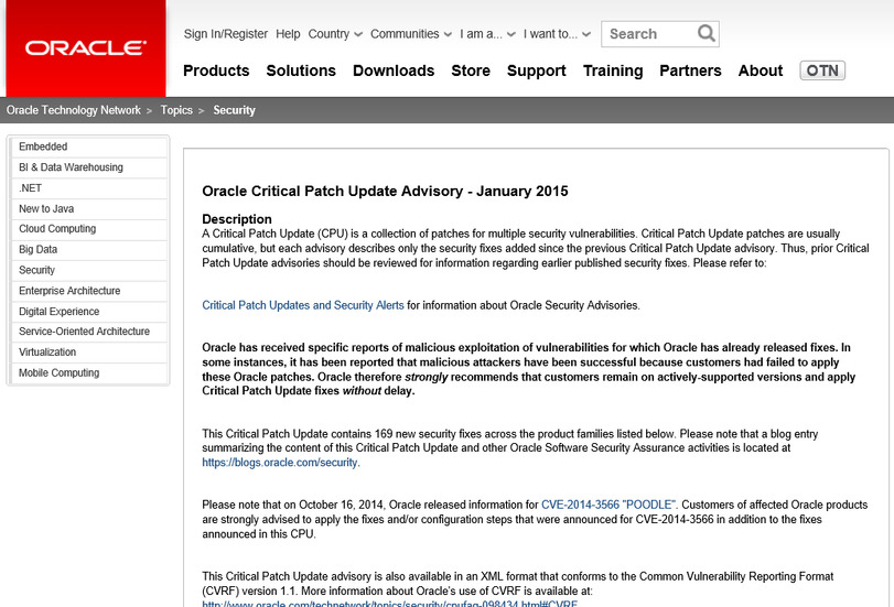 オラクルによるクリティカルパッチアップデート情報