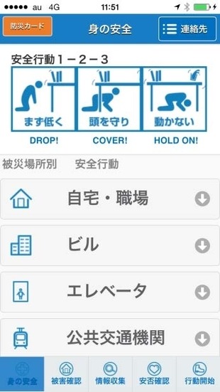 自宅・職場、ビル、エレベーター、公共交通機関など被災場所別の安全行動をオフラインで閲覧可能《画像はプレスリリースより》