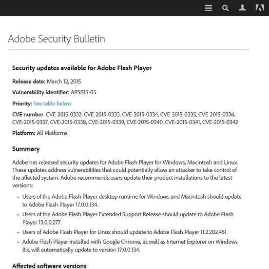 アドビによるセキュリティアップデート情報