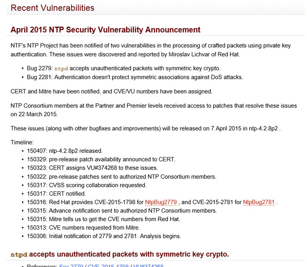 Network Time Protocol project によるセキュリティ情報