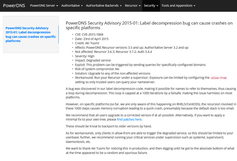 PowerDNSによるセキュリティアドバイザリ