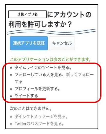 こうした許可を求めてくるアプリを認証してしまうと、勝手にツイートされてしまう