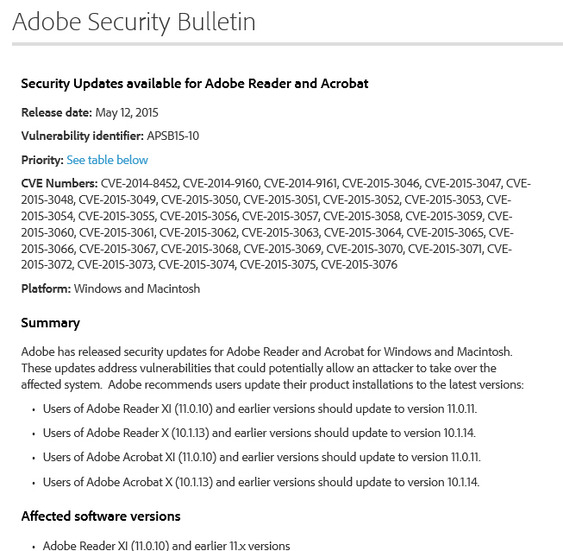 アドビによるセキュリティアップデート情報