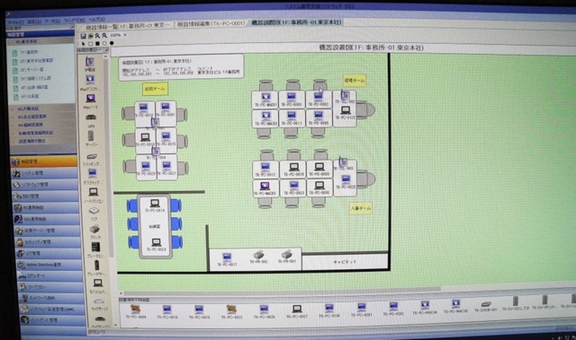 「SS1」のクライアントではサーバを介してネットワーク内のデバイスをビジュアルで表示する「機器設置図」機能を持つ。プリンタも表示されている