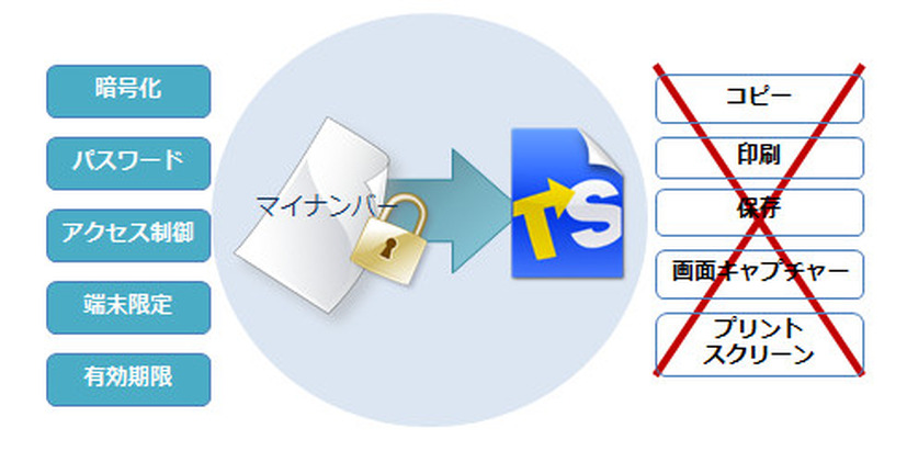 ファイルをパスワードで暗号化し、コピー、印刷、保存、画面キャプチャーを禁止する。マイナンバー以外の情報漏洩対策にももちろん利用可能だ（画像はプレスリリースより）