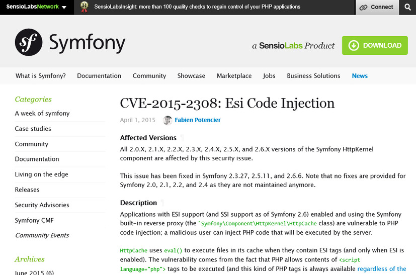 SensioLabsによる脆弱性情報