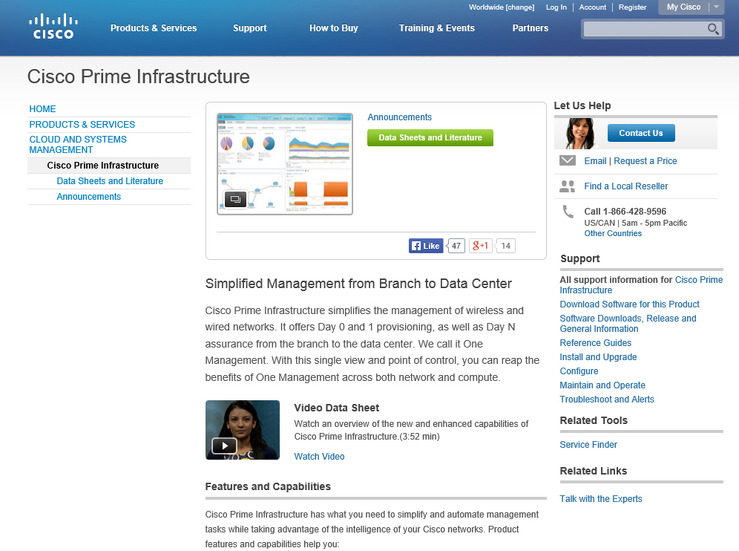 Ciscoの「Cisco Prime Infrastructure」ページ