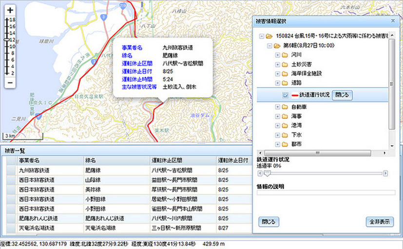 DiMAPSでは気象情報、被災情報、交通情報などの各種情報を地図上に統合表示することができるため、高精度な被害情報把握、共有が可能（画像はプレスリリースより）