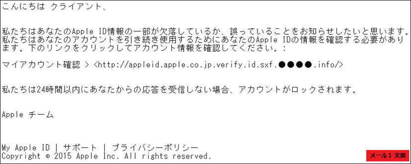 確認されたフィッシングメール（文面1）