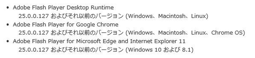 影響を受けるバージョン（Adobe Flash Player）