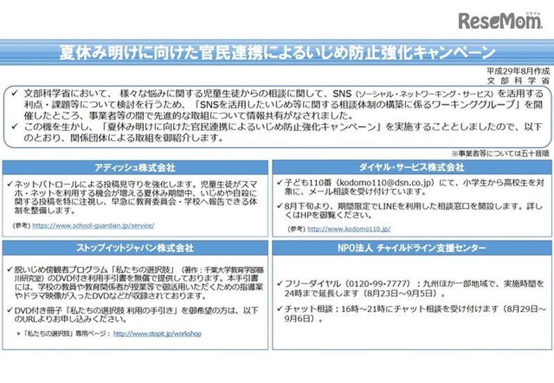 「夏休み明けに向けた官民連携によるいじめ防止強化キャンペーン」の関係団体の取組み