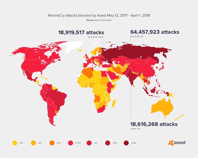 Avastが2017年5月12日～2018年4月1日までにブロックしたWannaCryの攻撃ヒートマップ