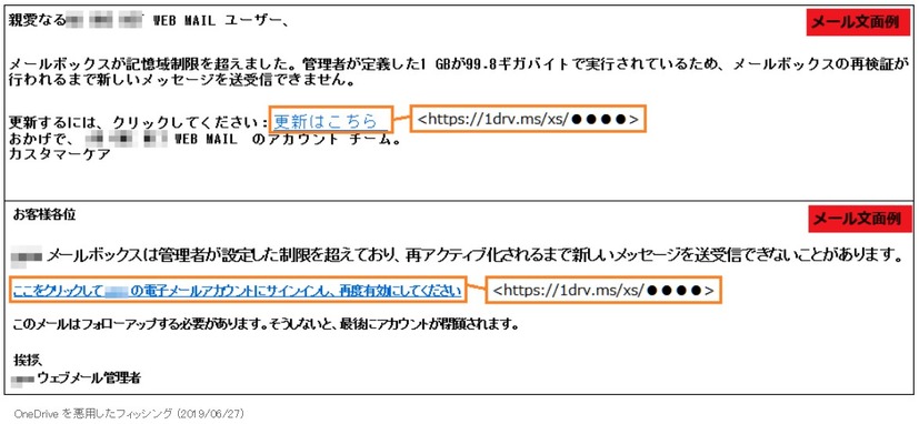 確認されたフィッシングメール