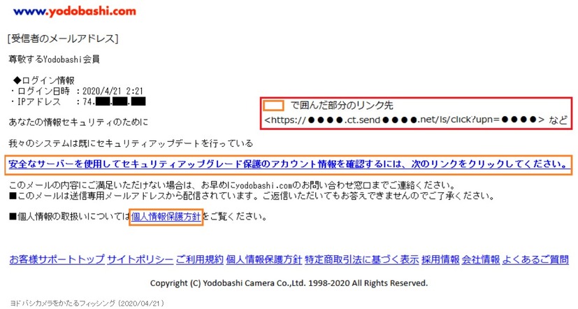 確認されたフィッシングメール