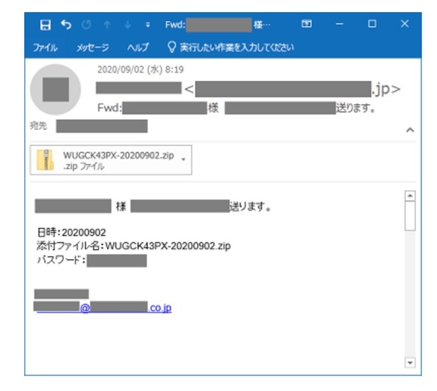 パスワード付きZIPファイルが添付された攻撃メールの例（2020年9月）