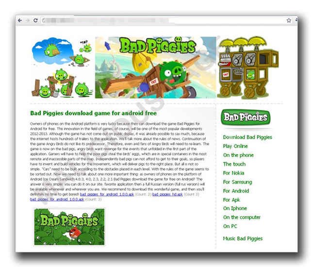 「Bad Piggies」の不正アプリが配布されていたWebサイト