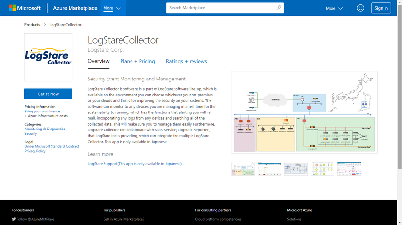 Azureマーケットプレイス上のLogStare Collector製品情報