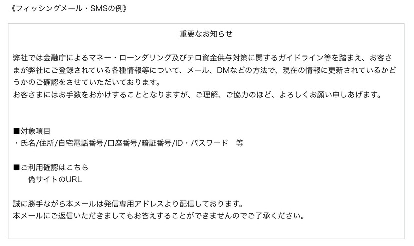 フィッシングメール・SMSの例