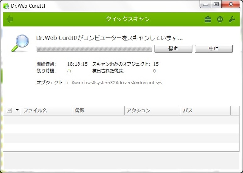 「Dr.Web CureIt!」によるウイルスチェック画面