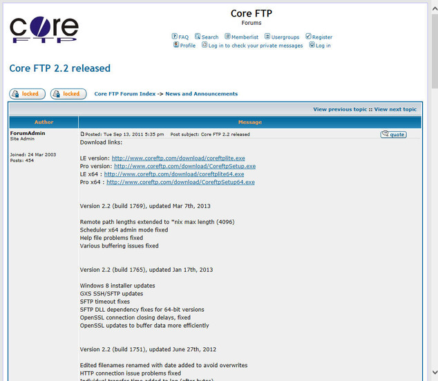 Core FTPのアップデートリリースページ