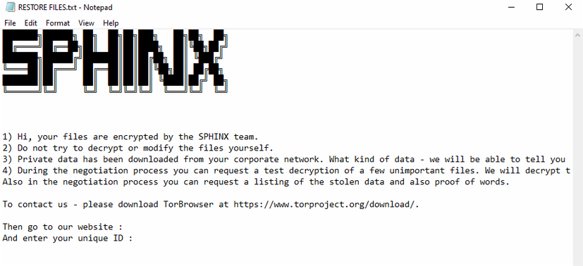 Sphinxが作成したランサムノートの内容