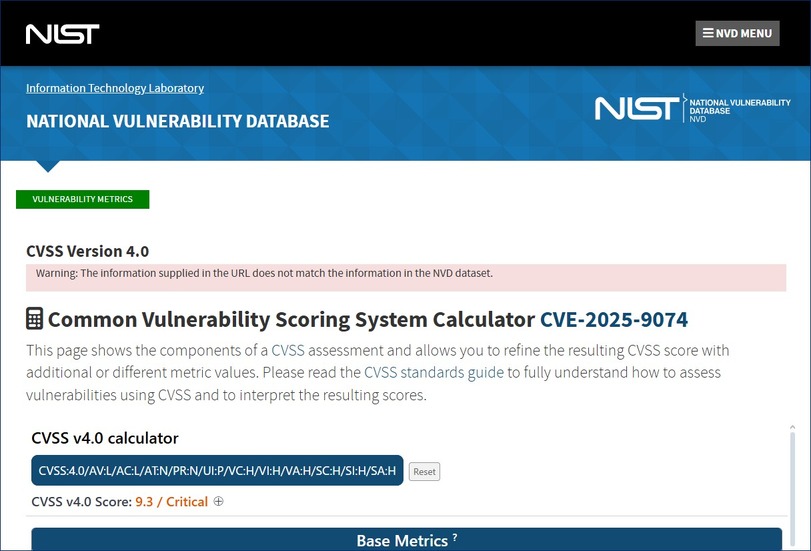 https://nvd.nist.gov/vuln-metrics/cvss/v4-calculator?name=CVE-2025-9074&vector=AV:L/AC:L/AT:N/PR:N/UI:P/VC:H/VI:H/VA:H/SC:H/SI:H/SA:H&version=4.0&source=D