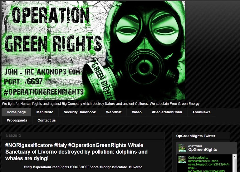 「Operation Green Rights」は、地球上の自然に対して被害を与えたとする企業に対する攻撃計画で、東京電力が標的候補に挙っていたことが話題となった