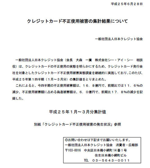 日本クレジット協会による発表