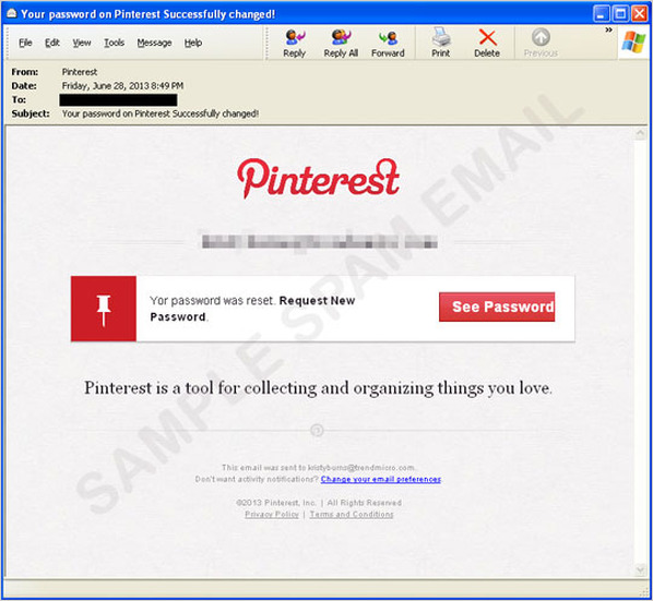 Pinterest からの正規のメールと酷似するよう作成されたスパムメール